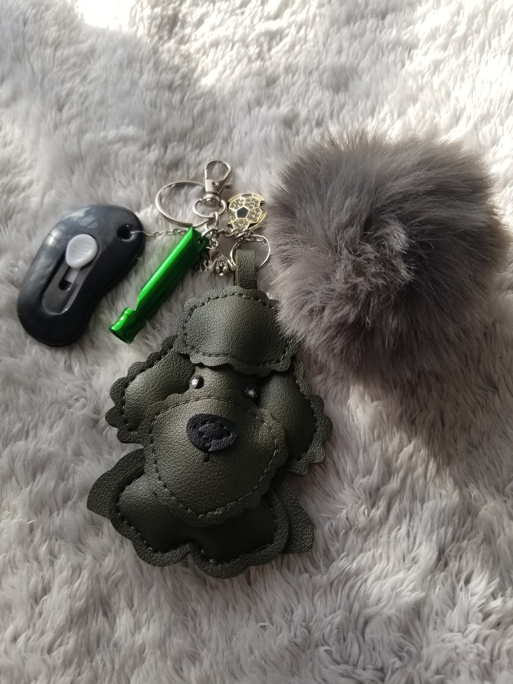 Olive Green Dog Keychain Card Holder with Gray Pom Pom